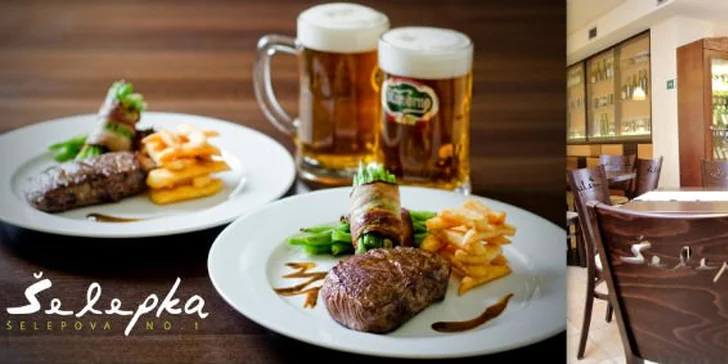 270 Kč za DVA rumpsteaky s otýpkami fazolek balených ve slanině, steakové hranolky a DVĚ piva Starobrno 11° v legendární Šelepce. Moderní česká kuchyně se slevou 45 %.
