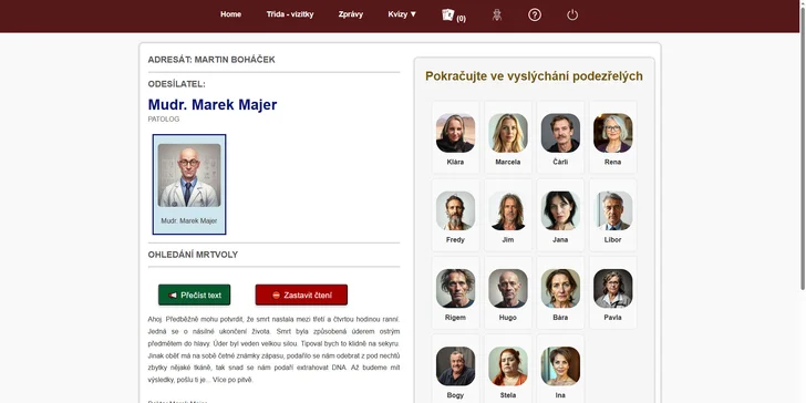 Online detektivní hra Vražda na třídním srazu: neomezený čas a počet hráčů