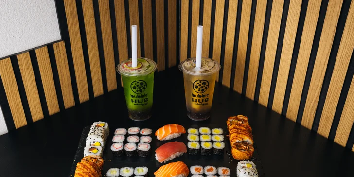 Pestré sety 18–78 ks sushi s lososem, tuňákem či zeleninou vč. bubble tea na odnos s sebou