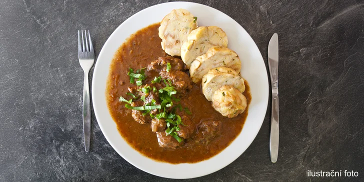 3chodové denní menu pro 1-2 osoby: polévka, hlavní jídlo, zákusek i nápoj