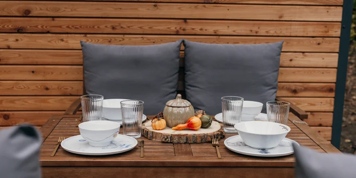 Plně vybavený tiny house na břehu řeky Ohře: terasa s grilem i ohniště