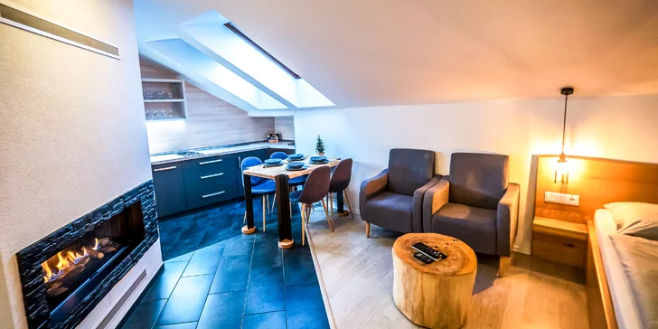Pobyt v luxusních apartmánech nebo ve studiu s krbem v Demänovské Dolině: infrasauna v ceně, privátní káď od 3 nocí