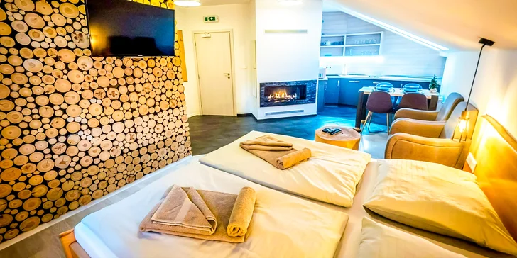 Pobyt v luxusních apartmánech nebo ve studiu s krbem v Demänovské Dolině: infrasauna v ceně, privátní káď od 3 nocí