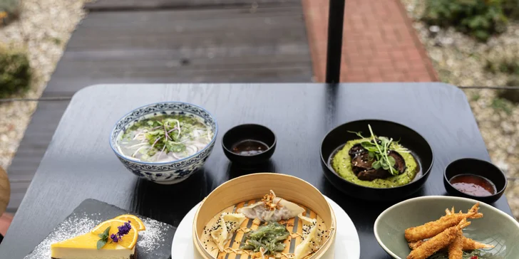 Degustační asijské menu v Litomyšli pro 2 osoby: polévka phở, krevety, knedlíčky gyoza a další