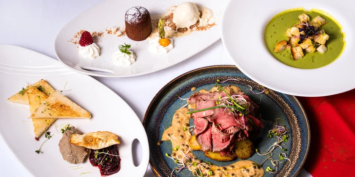 4chodové menu s proseccem pro 1-2 osoby: paštika, krémová polévka, roastbeef i fondán