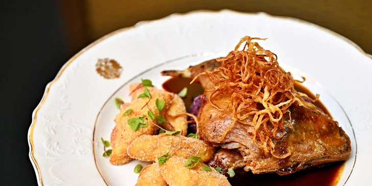 3–5chod. menu dle výběru pro 2 v Grandhotelu Bohemia: konfitované kachní prso, pstruh i dort