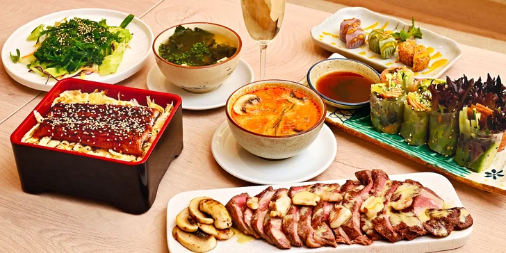 Japonské degustační menu se steakem či úhořem a sklenkou vína pro dva