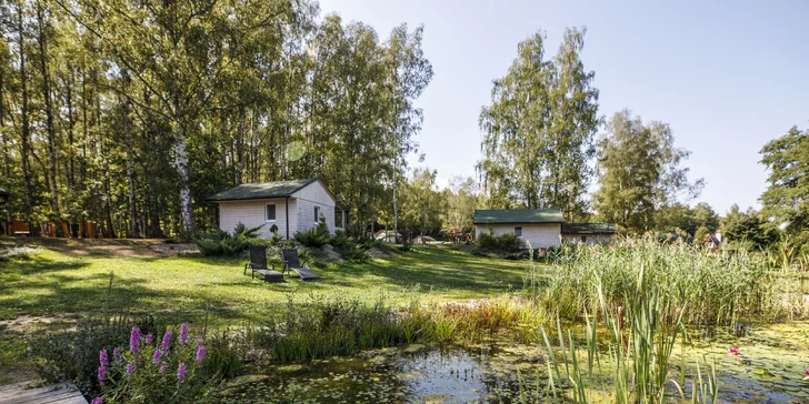 Útulné chatky u rybníka na úpatí Orlických hor pro pár i rodinu: jídlo, sauny a biotop