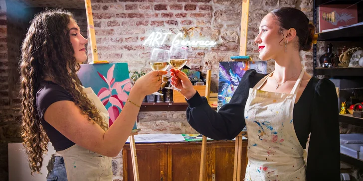 3hod. výtvarný workshop s lektorkou: akrylová malba nebo olejomalba, plátno, materiál a víno i káva