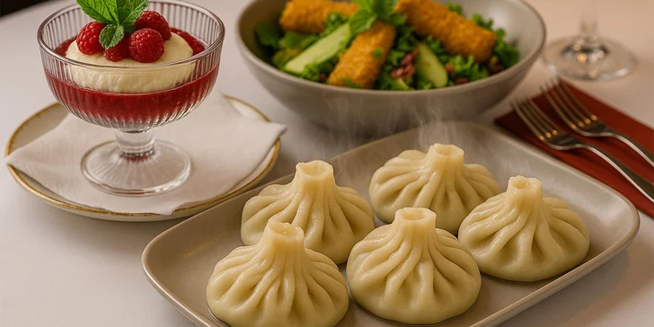 3chodové gruzínské menu: Khinkali, salát s domácím smaženým sýrem suluguni, Panna Cotta, pro 1 nebo 2 osoby