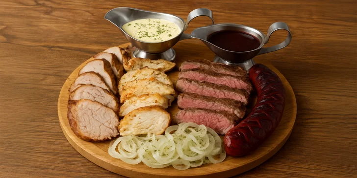 Mix grilovaných dobrot: steaky z pravé svíčkové, zvěřinová klobása i hranolky, 500 g