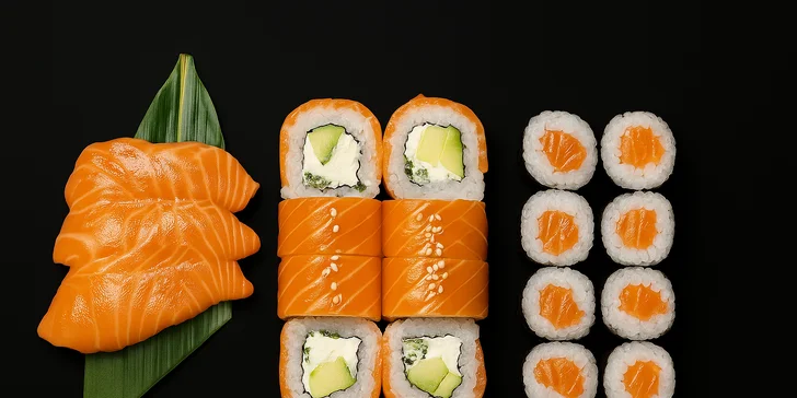 Rozmanité sushi sety s 24-64 kousky, miso či tom yum polévkou, edamame i limonádou