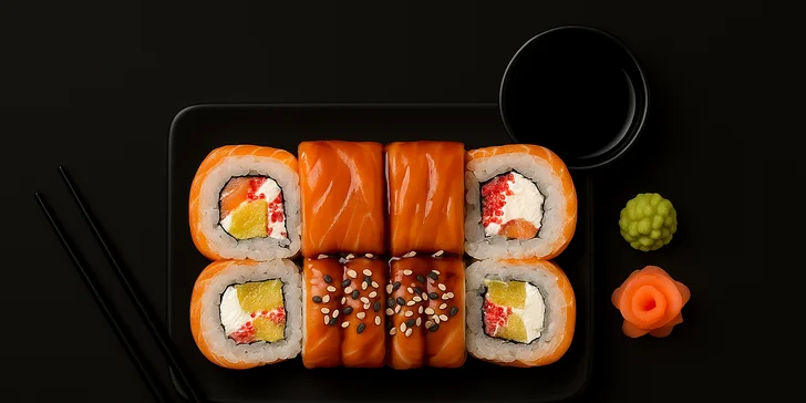 Rozmanité sushi sety s 24-64 kousky, miso či tom yum polévkou, edamame i limonádou