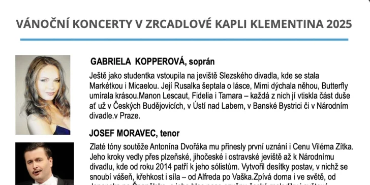 Vánoční koncerty klasické hudby v Zrcadlové kapli Klementina