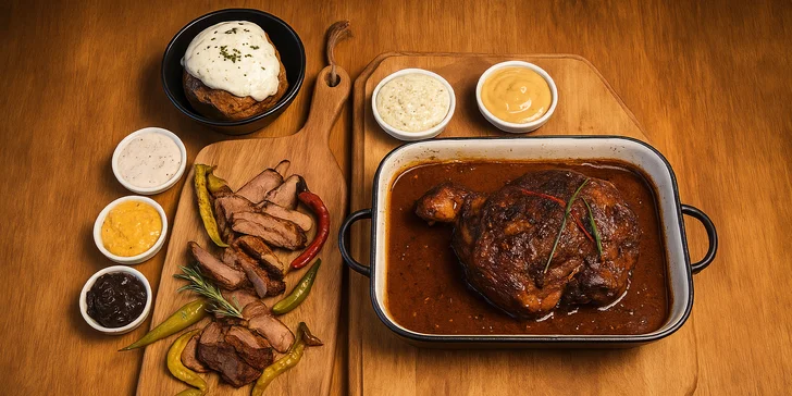 Masové prkno pro 2-4 osoby: steaky, kilo kolene, přílohy i omáčky