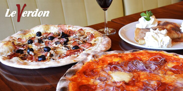 Dvě pizzy, sladká palačinka a dva nápoje v pizzerii a crêperii Le Verdon. Výtečná italsko-francouzská večeře pro dva.