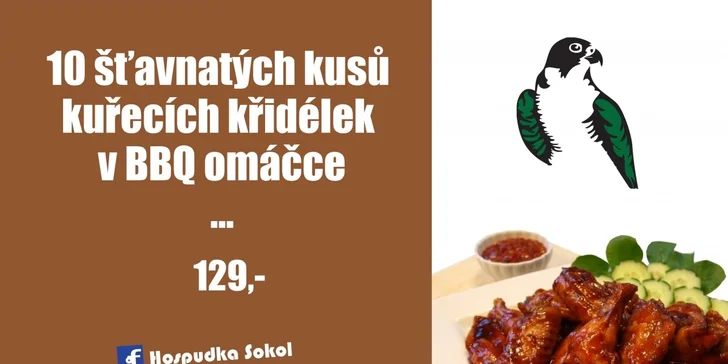 10 kusů lahodných kuřecích křidélek v bbq omáčce s čerstvě rozpečenou bagetkou