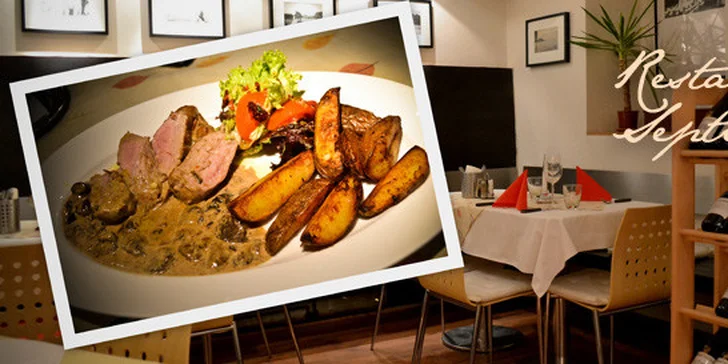 Medailonky z panenské svíčkové PRO DVA a lahev vína Sauvignon. Báječná večeře v oblíbené restauraci Septim.