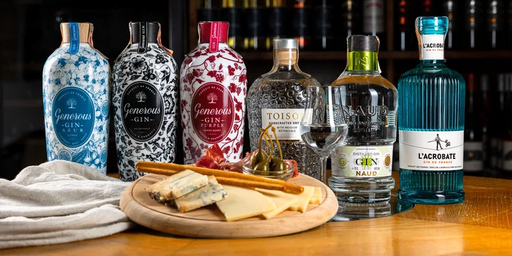Profesionálna degustácia šiestich kvalitných ginov, mediteránsky tanier