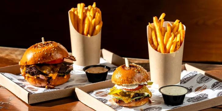 5 druhov šťavnatých burgerov s hranolčekmi a omáčkou