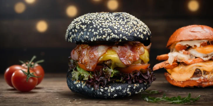 Mäsový burger s hranolčekmi a omáčkou v Jolly Street Food