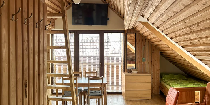 Apartmán 5 so spálňou, rozkladacou pohovkou, vybavenou kuchynkou a kúpeľňou s WC.