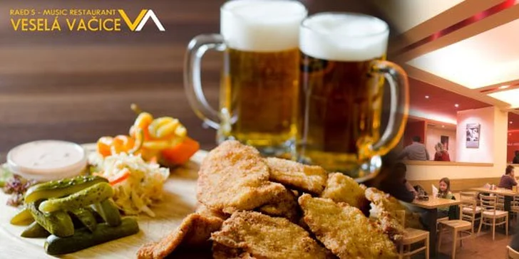 294 Kč za kilo šťavnatých kuřecích a vepřových řízků a dva čepované Svijanské Mázy ve Veselé Vačici! Pořádný nášup a skvělá atmosféra se slevou 45 %.