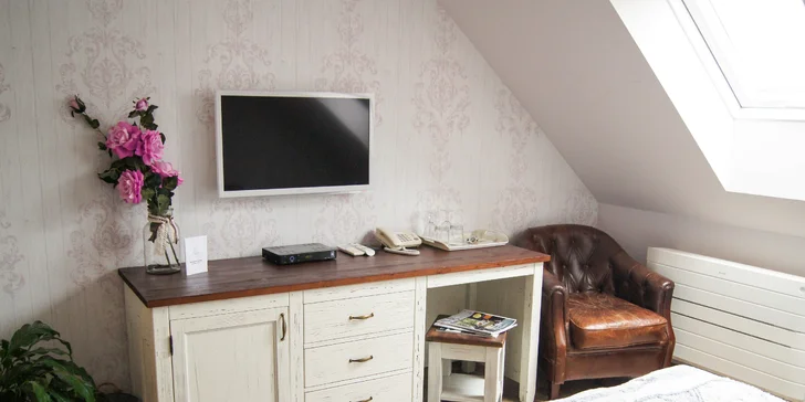 Zařízení je ve francouzském stylu a nechybí ani minibar a TV.