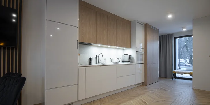 Součástí apartmánu je vybavený kuchyňský kout s varnou deskou, nádobím, varnou konvicí a chladničkou.