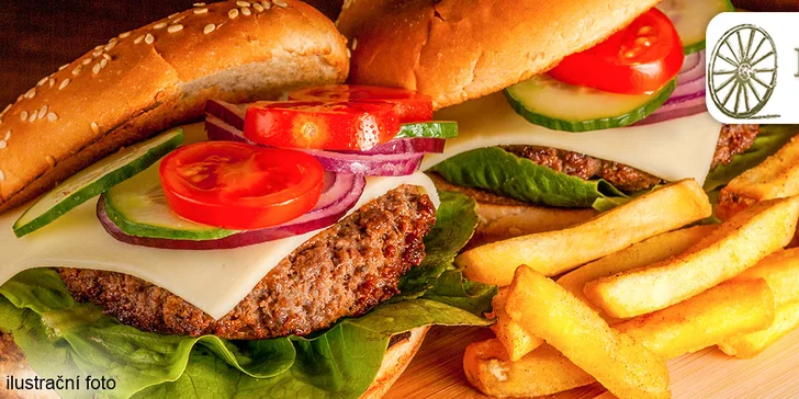 2 pořádné hovězí burgery s hranolkami a omáčkou