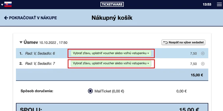 Okrem vyznačenia možnosti "voucher alebo voľná vstupenka" je potrebné uviesť vaše meno, priezvisko a e-mailovú adresu. Taktiež je potrebné odsúhlasiť VOP prevádzkovateľa.