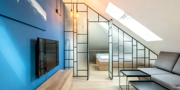 Střešní apartmán vás potěší i plně vybavenou kuchyňkou (lednička, myčka a varná deska). 