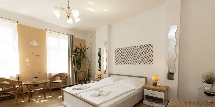 Apartmány jsou v podkroví, je tu manželská postel, koupelna a obývací salonek. 