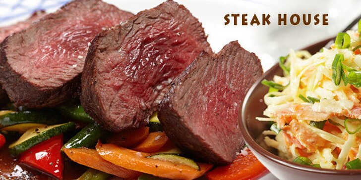 Dva luxusní 200g bifteky z argentinské svíčkové s libovolnou přílohou a salátem Coleslaw. Šťavnaté masíčko v nově otevřeném Steak House T-Bones.