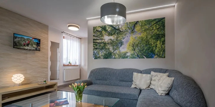  Apartmán má oddělenou ložnici a obývací pokoj s plně vybavenou kuchyňkou.