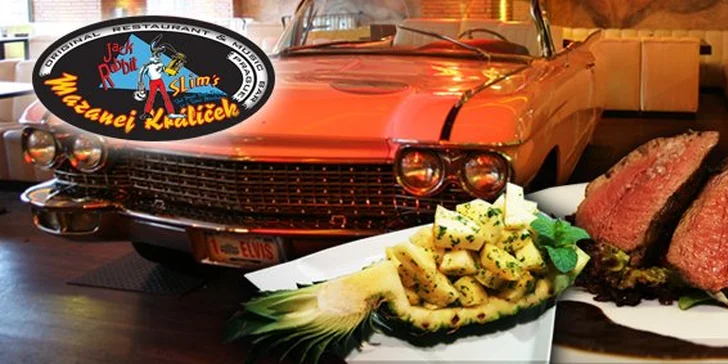 299 Kč za jídlo v hodnotě 600 Kč v restauraci Mazanej Králíček ve stylu Pulp Fiction. Grilované maso i růžový cadillac se slevou 50 %.