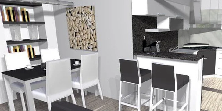 3D návrh designové kuchyně snů a další místnosti