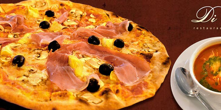 Dvě italská 3chodová menu se sklenkou vína v restauraci Di Pietro. V ceně polévka, libovolná pizza, gnocchi nebo těstoviny i dezert!