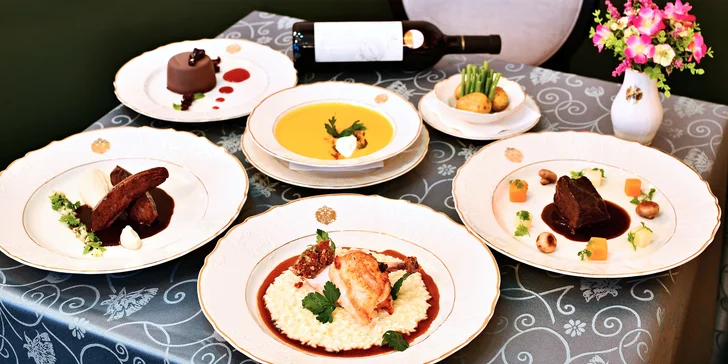 3–5chodové menu dle výběru pro 2 v Grandhotelu Bohemia: konfitované kachní prso, pstruh i dort