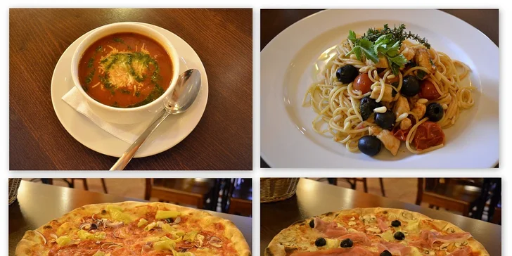 Dvě italská 3chodová menu se sklenkou vína v restauraci Di Pietro. V ceně polévka, libovolná pizza, gnocchi nebo těstoviny i dezert!