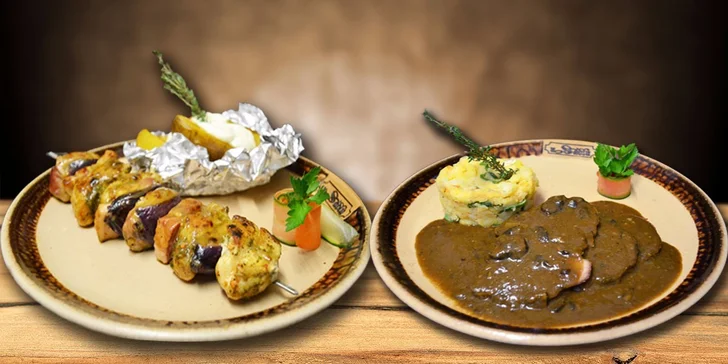 Hostina v gotické restauraci pro dva: menu se špízem či kančím s hříbky
