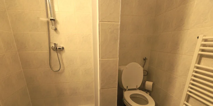 V koupelně najdete fén i další hygienické potřeby.