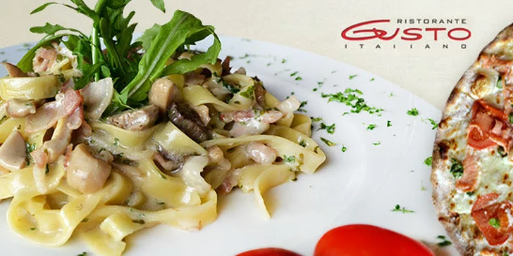 Dvě libovolné pizzy či čerstvé těstoviny, dvě palačinky pro oba a dvě sklenky vína v restauraci Gusto na Vinohradech. Pochutnejte si na pravé Itálii!