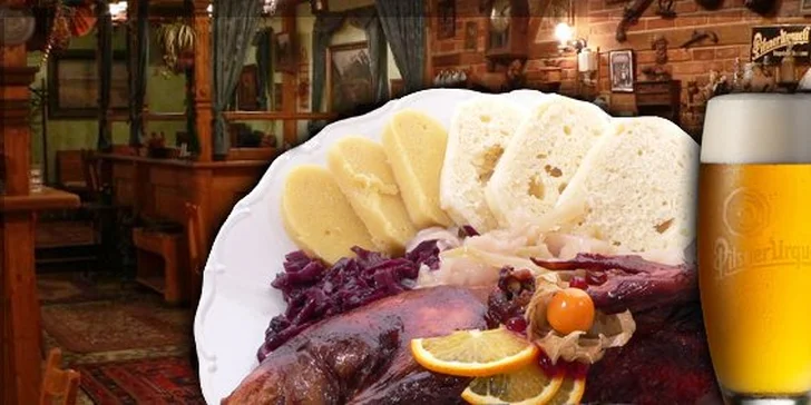 259 Kč za DVĚ porce pečené nadívané kachny s červeným zelím na třešních a domácími knedlíky, DVĚ palačinky s ovocem a DVĚ malé Plzně. Sleva 50 %.