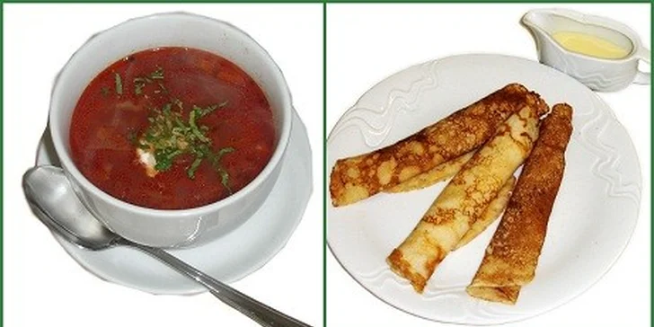 Bohaté čtyřchodové menu z ruských dobrot až pro DVA. Boršč, chlebíčky s kaviárem, šašlik, masový kotlík i oblíbené palačinky bliny s medem, tvarohem.
