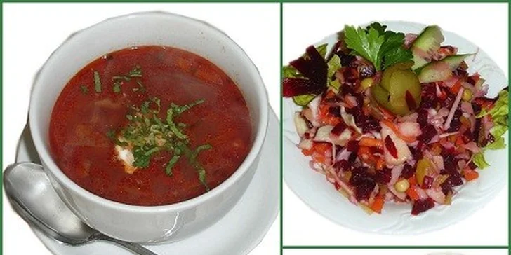 Bohaté čtyřchodové menu z ruských dobrot až pro DVA. Boršč, chlebíčky s kaviárem, šašlik, masový kotlík i oblíbené palačinky bliny s medem, tvarohem.