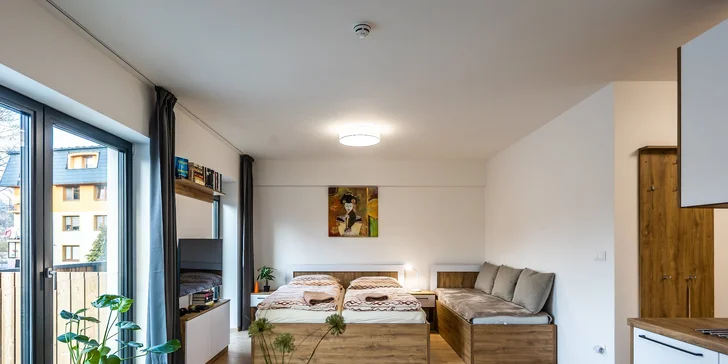 Oba apartmány nabízí lůžka pro tři osoby a možnost přistýlky pro čtvrtou osobu. Na obrázku jednopokojový apartmán.
