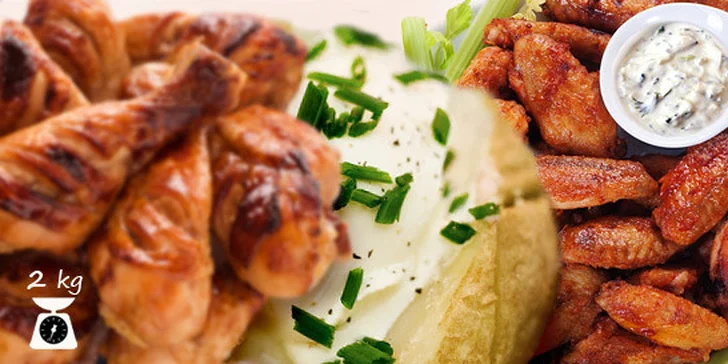289 Kč za prkno plné dobrot pro 2 až 4 jedlíky. Celkem 2 kg kuřecích paliček a křídel s míchaným salátem + gratinované brambory, tzatziki i pečivo.