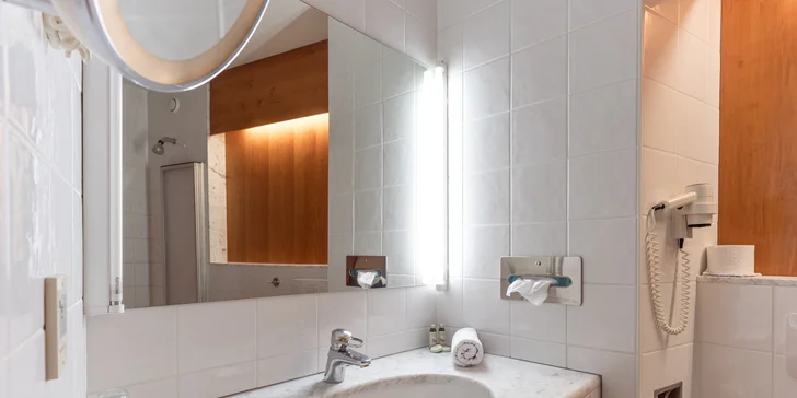 V koupelně najdete vanu, WC i bidet, nebude chybět fén a také hotelová kosmetika. 