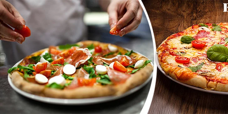 Dvě křupavé pizzy o průměru 32 cm na Stodolní